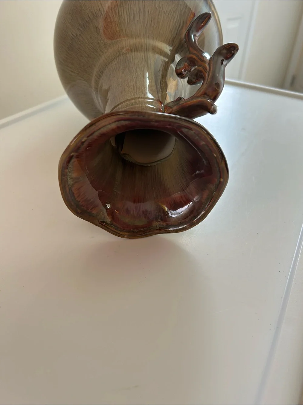 Glazed Ceramic Double-Handled Vase in Brown and Green